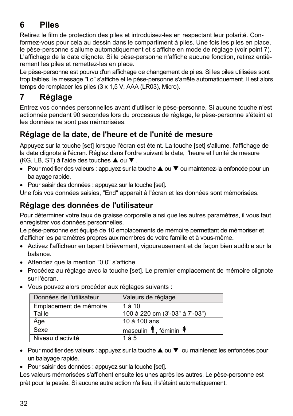 6 piles, 7 réglage | Beurer BF 66 User Manual | Page 32 / 108