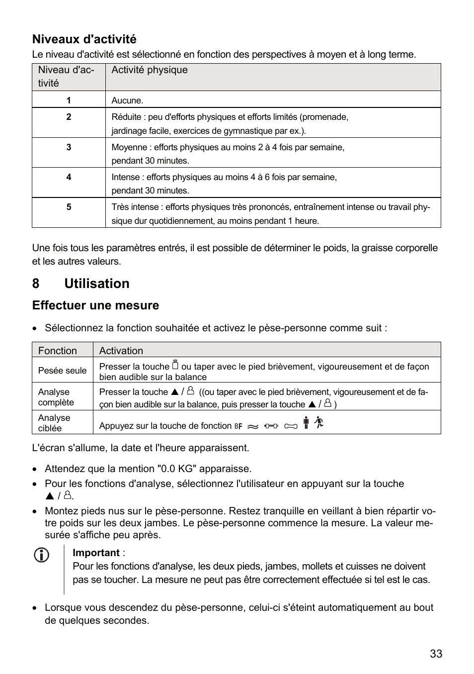 8 utilisation, Niveaux d'activité, Effectuer une mesure | Beurer BF 66 User Manual | Page 33 / 108