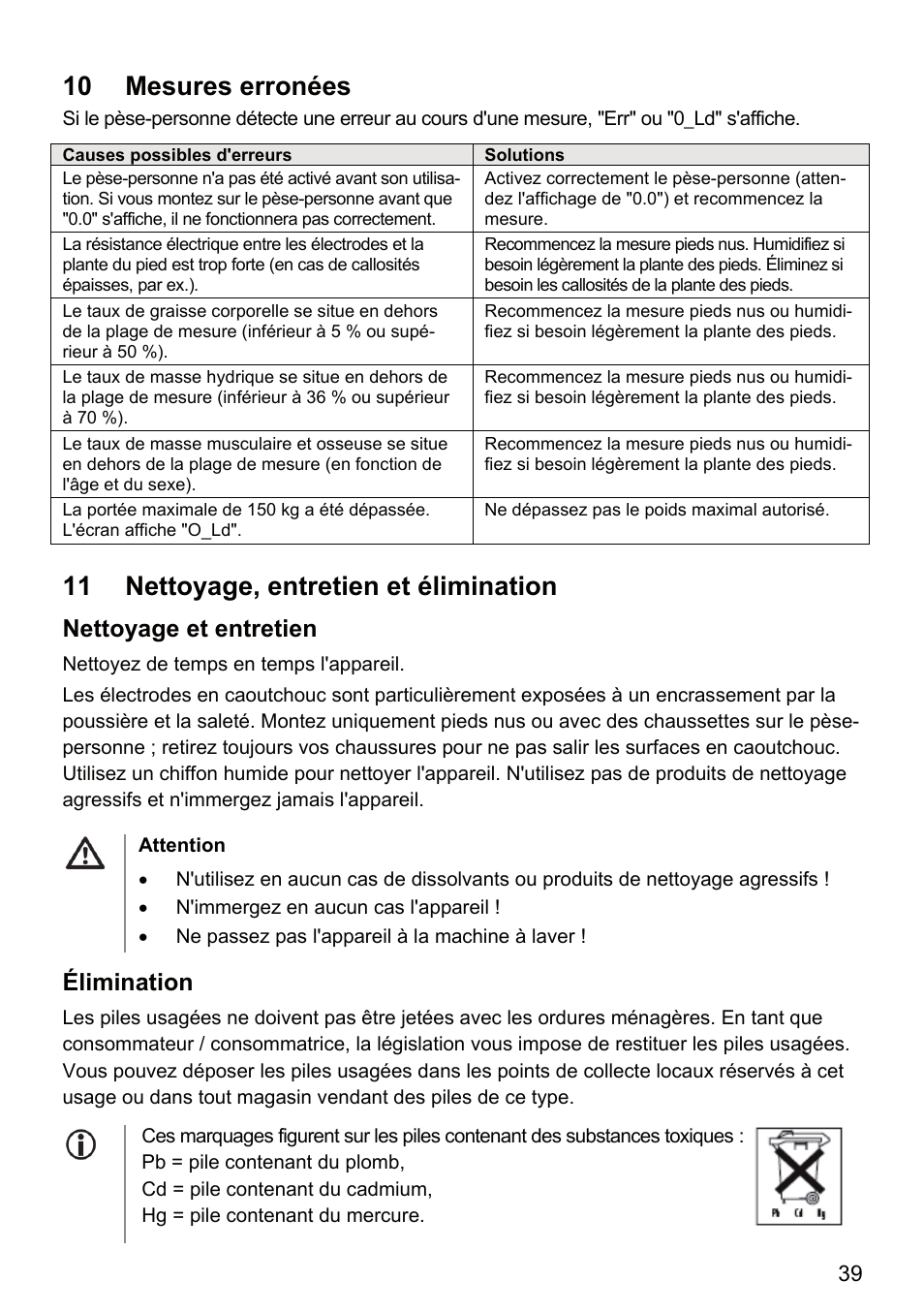 10 mesures erronées, 11 nettoyage, entretien et élimination, Nettoyage et entretien | Élimination | Beurer BF 66 User Manual | Page 39 / 108