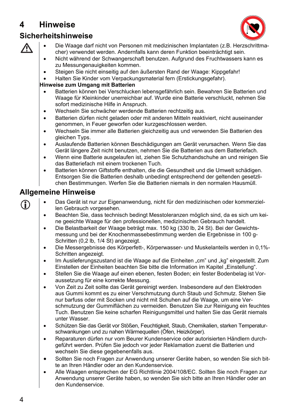 4 hinweise, Sicherheitshinweise, Allgemeine hinweise | Beurer BF 66 User Manual | Page 4 / 108