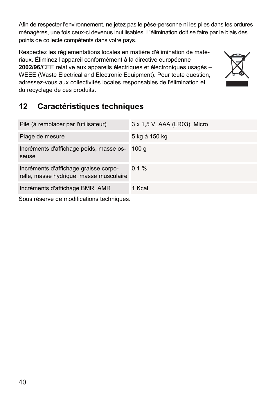 12 caractéristiques techniques | Beurer BF 66 User Manual | Page 40 / 108