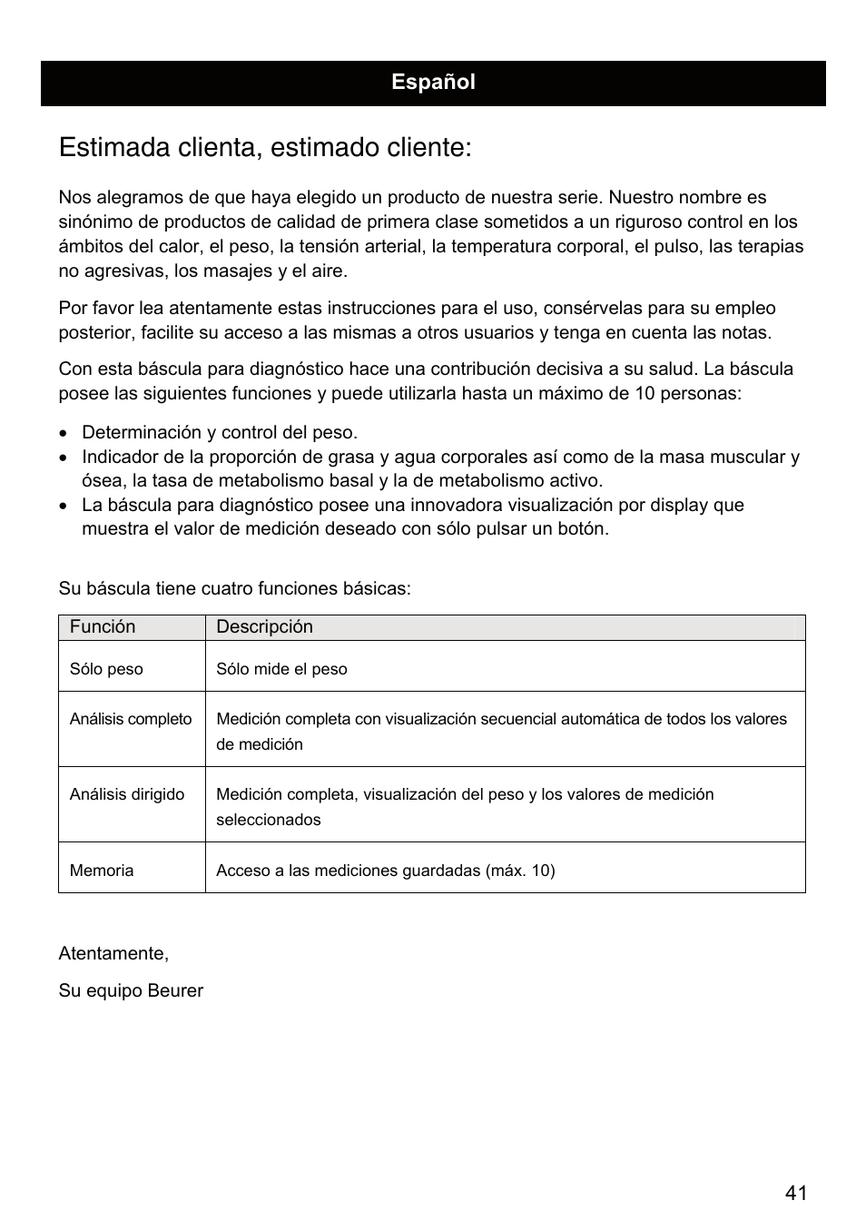 Estimada clienta, estimado cliente, Español | Beurer BF 66 User Manual | Page 41 / 108
