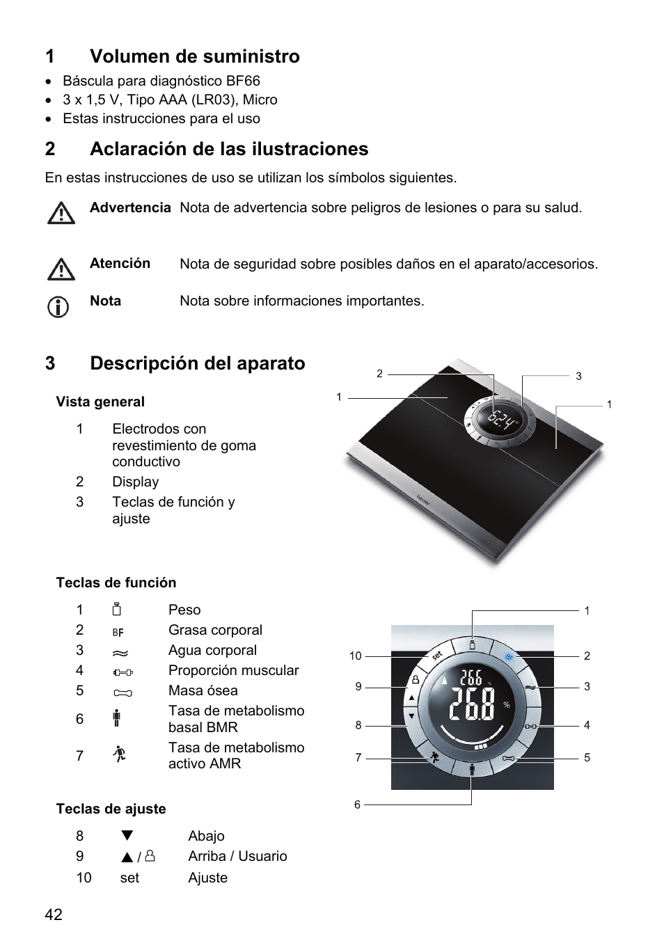 1volumen de suministro, 2aclaración de las ilustraciones, 3descripción del aparato | Beurer BF 66 User Manual | Page 42 / 108