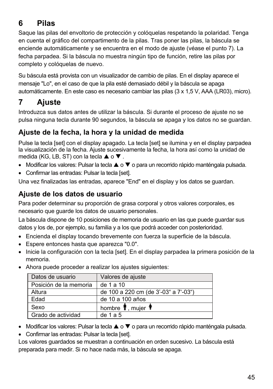 6 pilas, 7 ajuste | Beurer BF 66 User Manual | Page 45 / 108