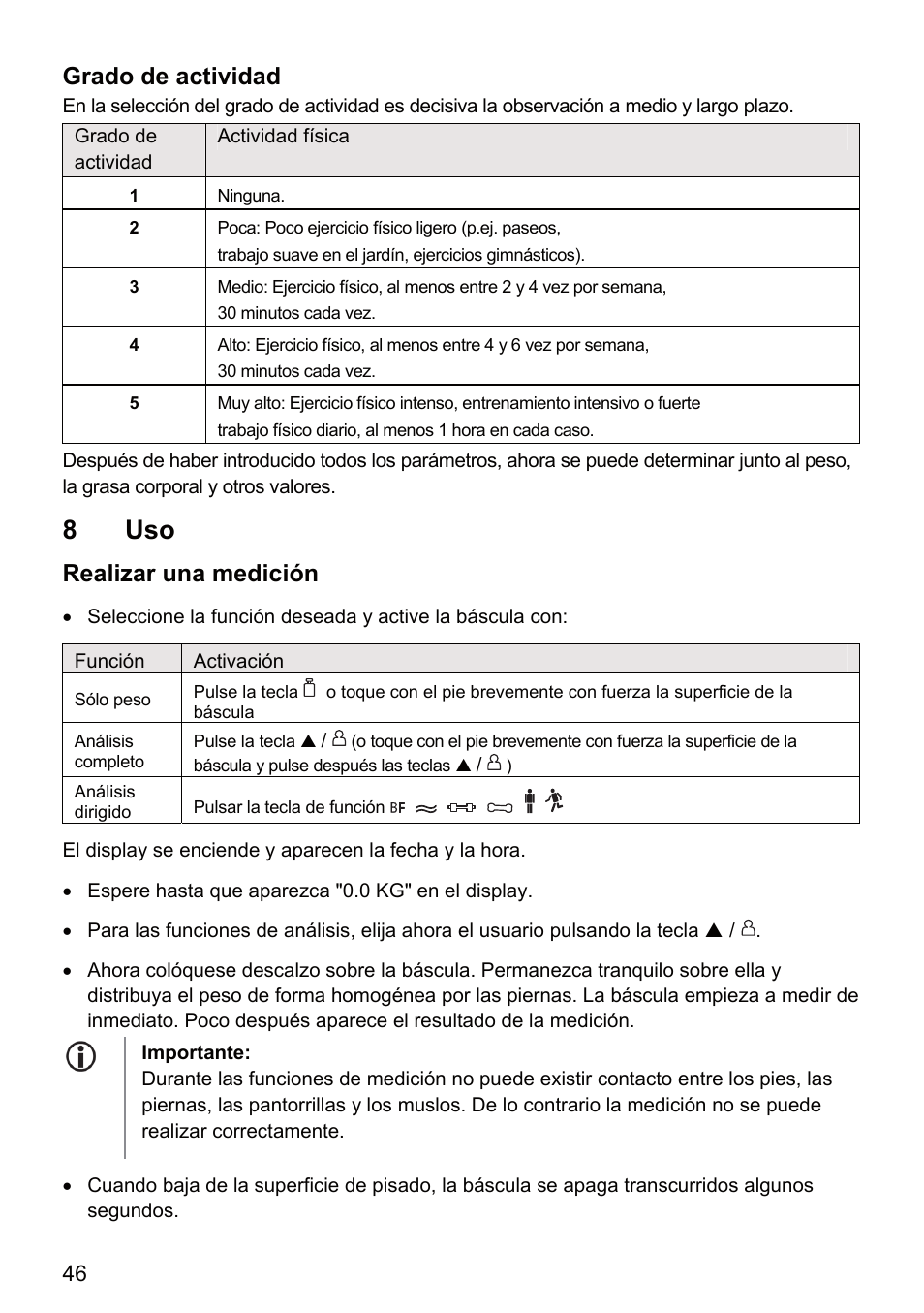 8 uso, Grado de actividad, Realizar una medición | Beurer BF 66 User Manual | Page 46 / 108