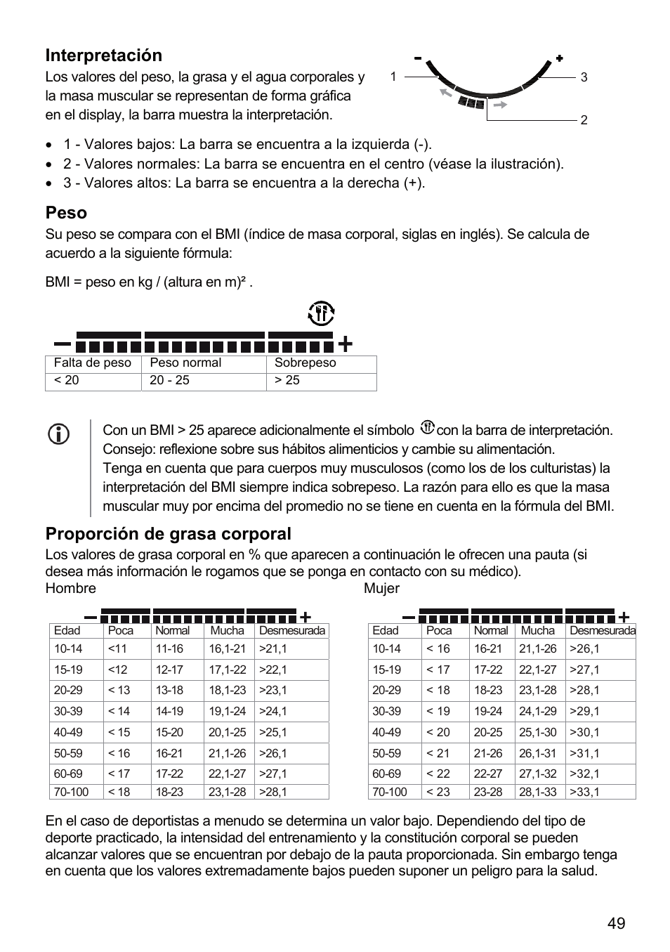 Interpretación, Peso, Proporción de grasa corporal | Beurer BF 66 User Manual | Page 49 / 108