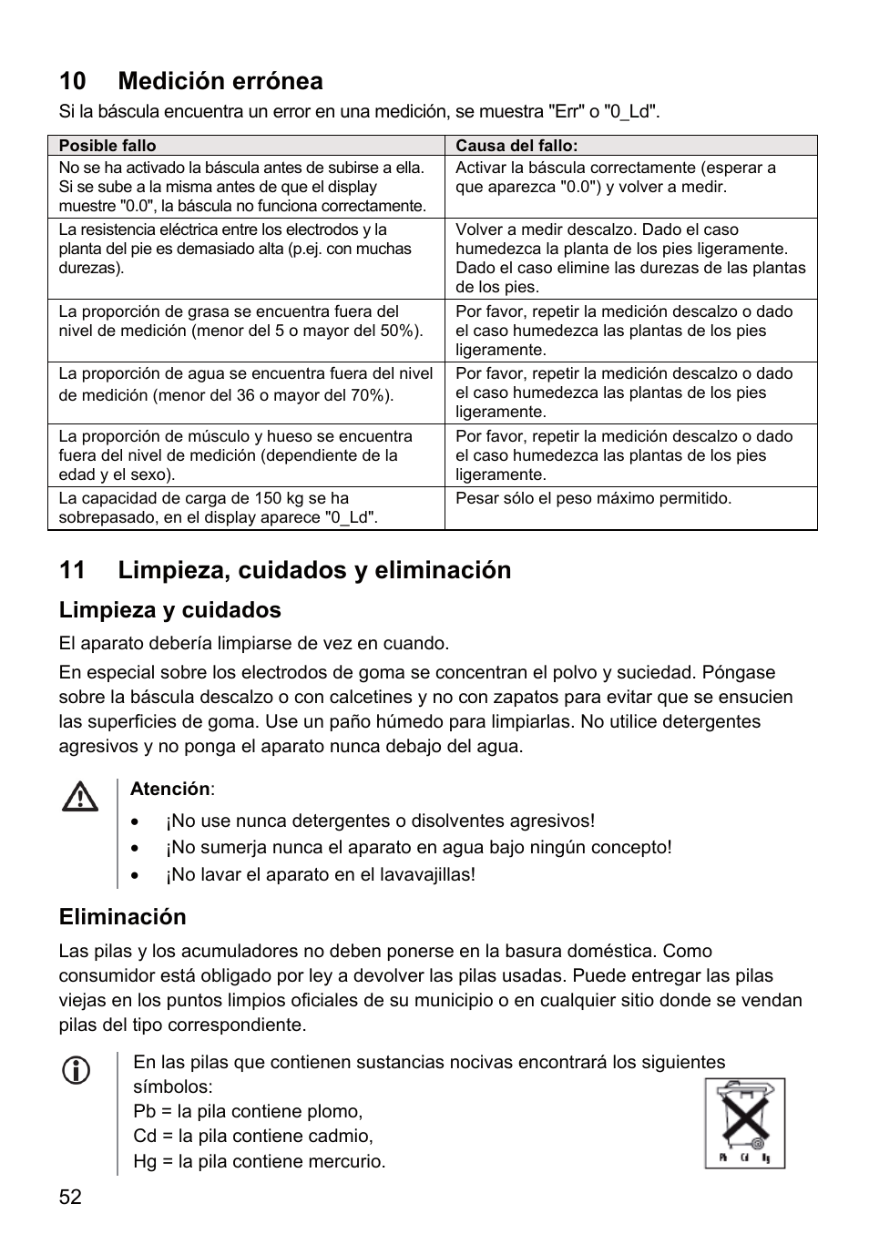 10 medición errónea, 11 limpieza, cuidados y eliminación, Limpieza y cuidados | Eliminación | Beurer BF 66 User Manual | Page 52 / 108