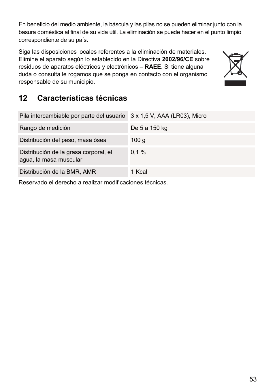 12 características técnicas | Beurer BF 66 User Manual | Page 53 / 108