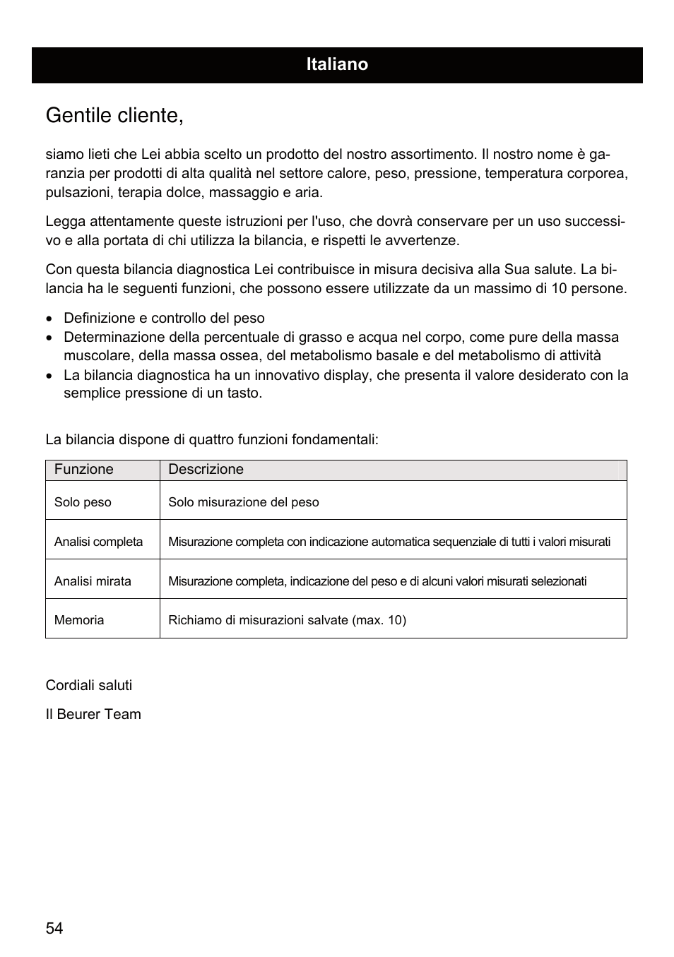Gentile cliente, Italiano | Beurer BF 66 User Manual | Page 54 / 108