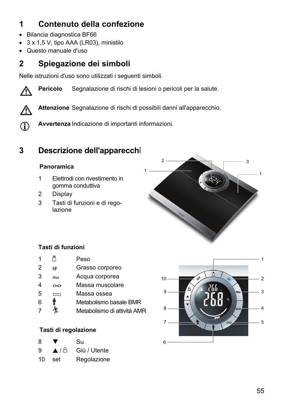 1contenuto della confezione, 2spiegazione dei simboli, 3 descrizione dell'apparecchio | Beurer BF 66 User Manual | Page 55 / 108