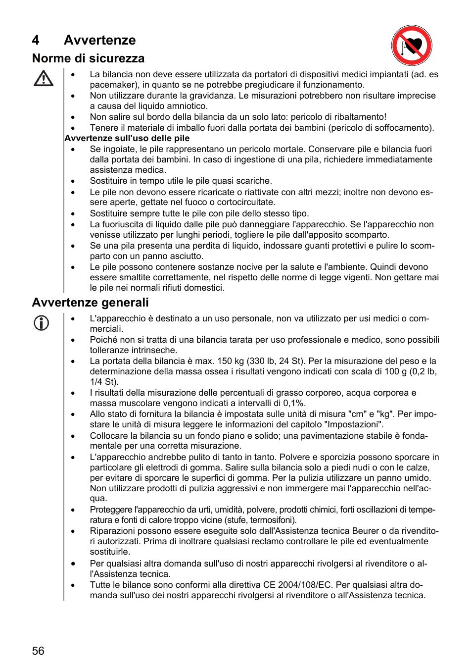 4 avvertenze, Norme di sicurezza, Avvertenze generali | Beurer BF 66 User Manual | Page 56 / 108