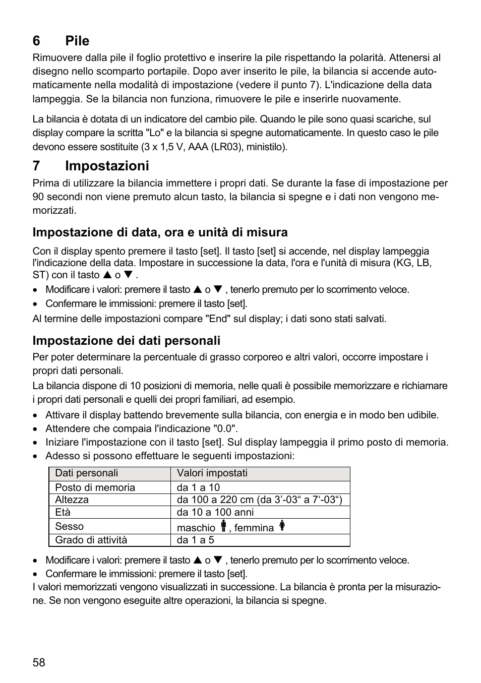 6 pile, 7 impostazioni | Beurer BF 66 User Manual | Page 58 / 108