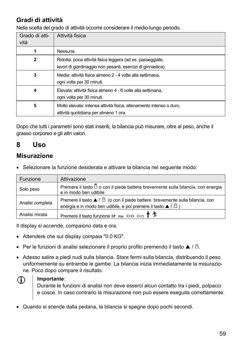 8 uso, Gradi di attività, Misurazione | Beurer BF 66 User Manual | Page 59 / 108