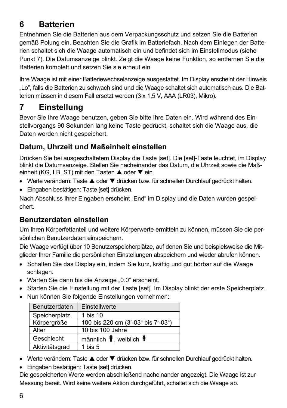 6 batterien, 7 einstellung | Beurer BF 66 User Manual | Page 6 / 108