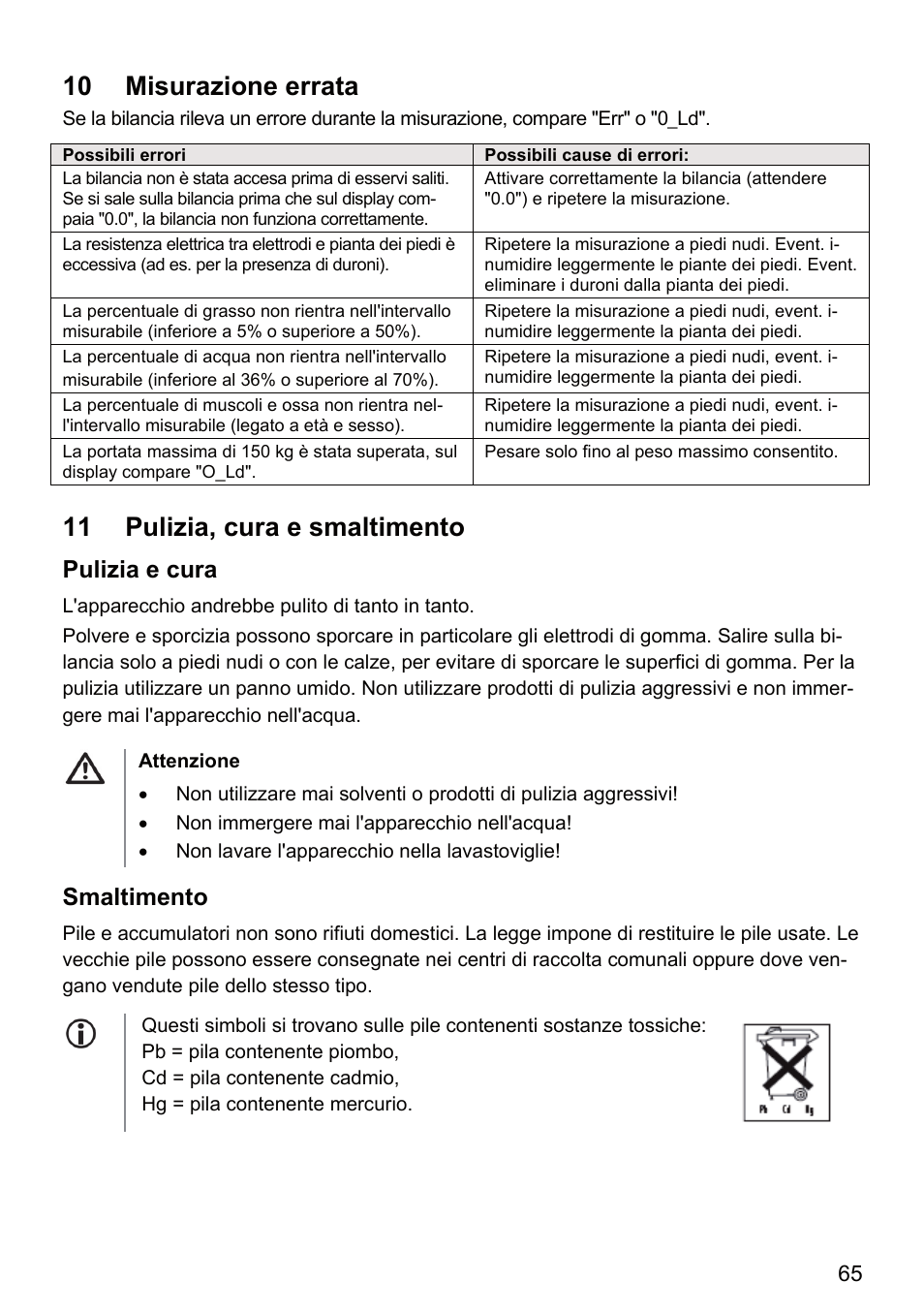 10 misurazione errata, 11 pulizia, cura e smaltimento, Pulizia e cura | Smaltimento | Beurer BF 66 User Manual | Page 65 / 108