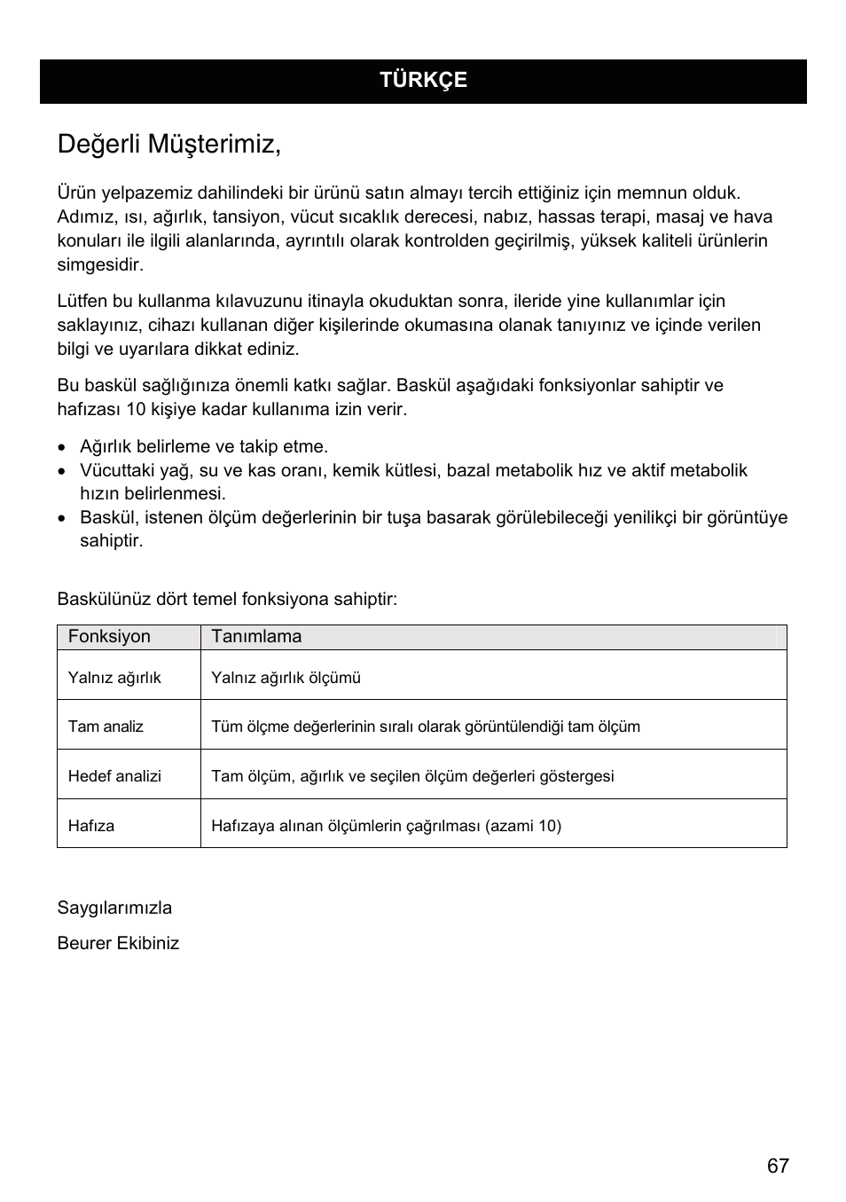 Değerli müşterimiz, Türkçe | Beurer BF 66 User Manual | Page 67 / 108