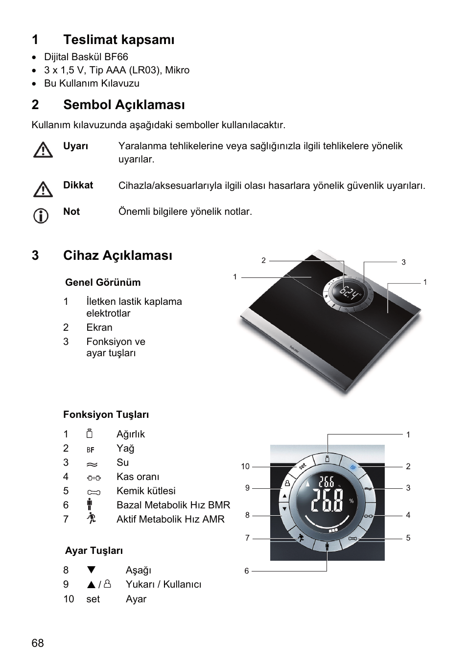 1 teslimat kapsamı, 2 sembol açıklaması, 3 cihaz açıklaması | Beurer BF 66 User Manual | Page 68 / 108
