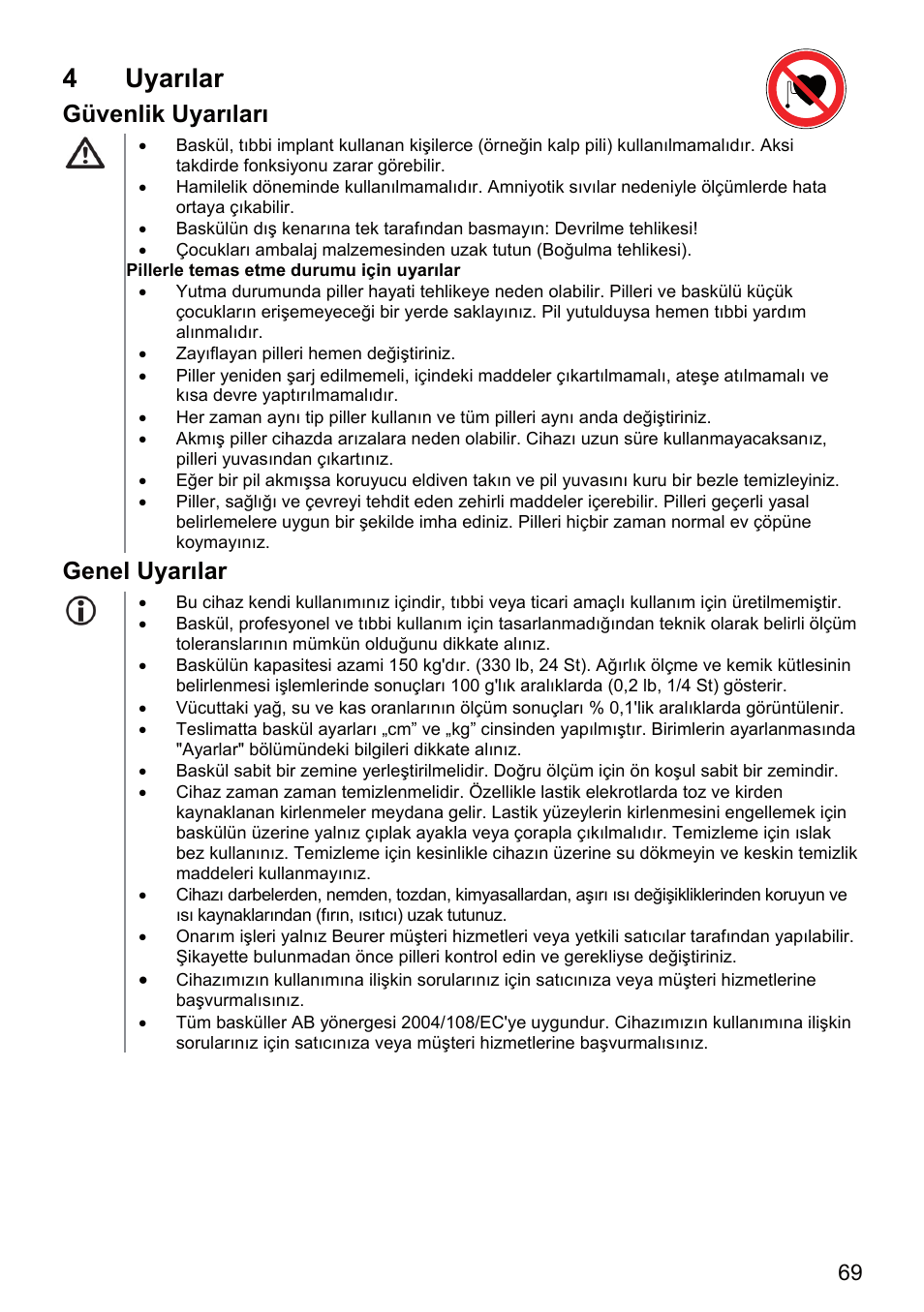 4 uyarılar, Güvenlik uyarıları, Genel uyarılar | Beurer BF 66 User Manual | Page 69 / 108