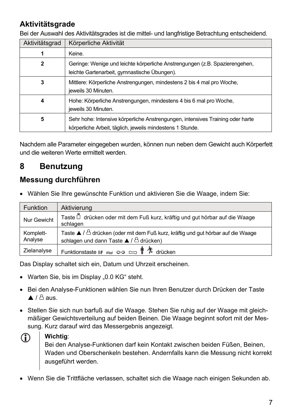 8 benutzung, Aktivitätsgrade, Messung durchführen | Beurer BF 66 User Manual | Page 7 / 108