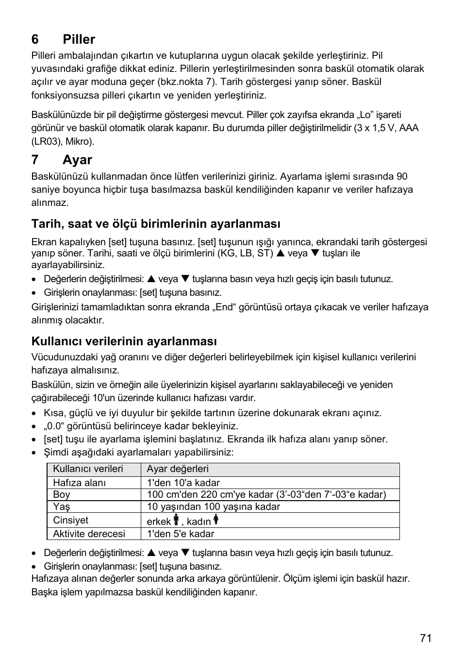 6 piller, 7 ayar | Beurer BF 66 User Manual | Page 71 / 108