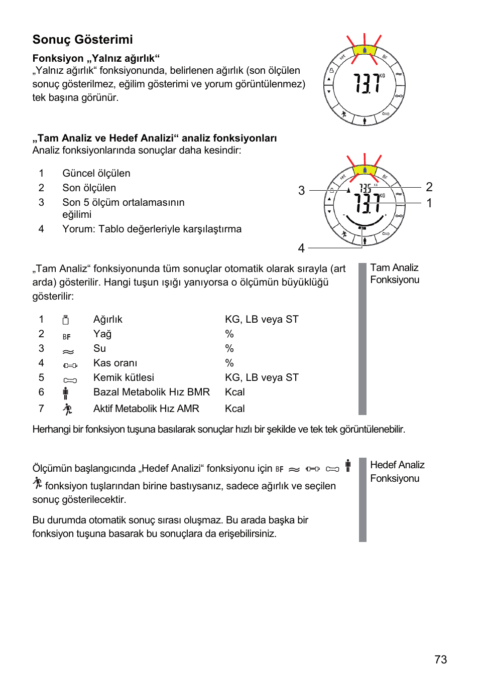 Sonuç gösterimi | Beurer BF 66 User Manual | Page 73 / 108