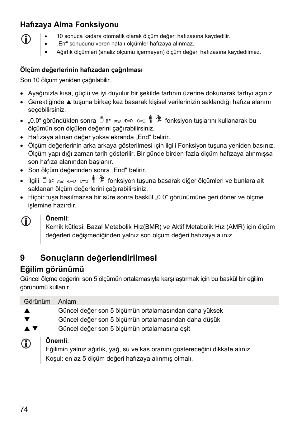 9 sonuçların değerlendirilmesi, Hafızaya alma fonksiyonu, Eğilim görünümü | Beurer BF 66 User Manual | Page 74 / 108