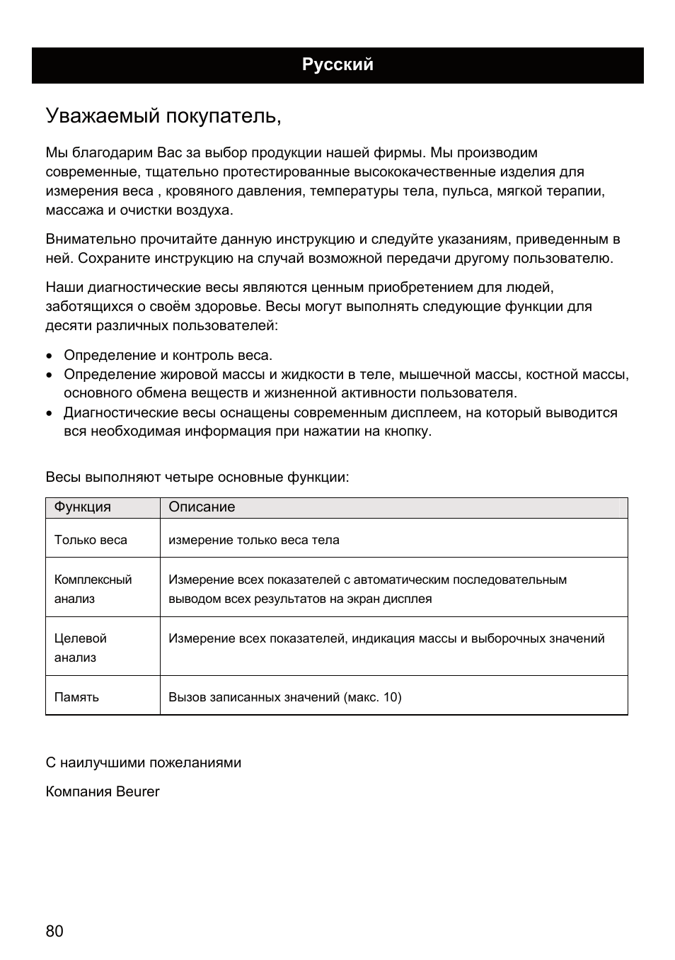 Уважаемый покупатель, Русский | Beurer BF 66 User Manual | Page 80 / 108