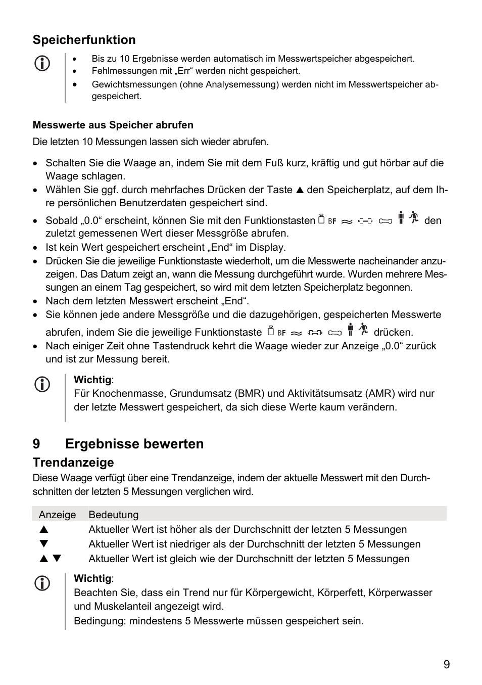 9 ergebnisse bewerten, Speicherfunktion, Trendanzeige | Beurer BF 66 User Manual | Page 9 / 108