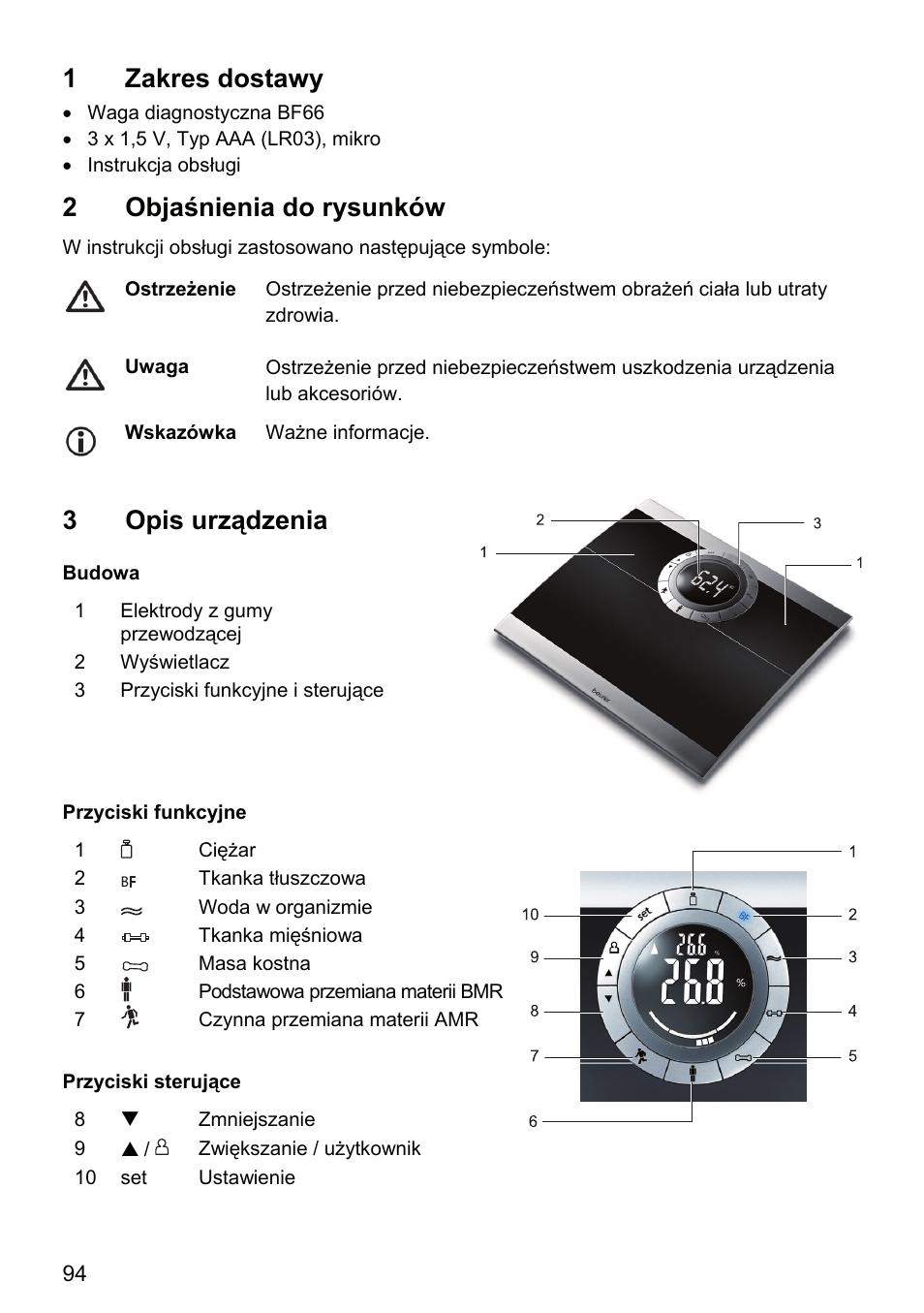 1 zakres dostawy, 2 objaśnienia do rysunków, 3 opis urządzenia | Beurer BF 66 User Manual | Page 94 / 108