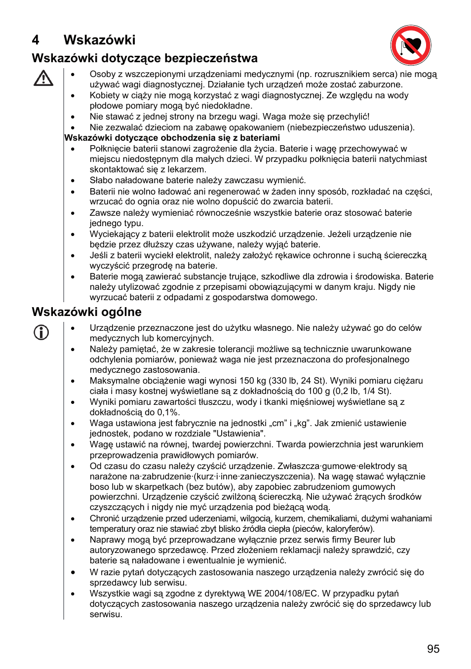 4 wskazówki, Wskazówki dotyczące bezpieczeństwa, Wskazówki ogólne | Beurer BF 66 User Manual | Page 95 / 108