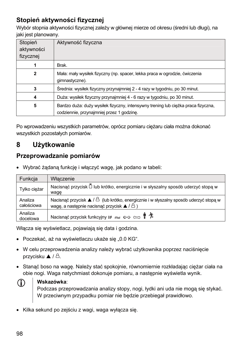 8 użytkowanie, Stopień aktywności fizycznej, Przeprowadzanie pomiarów | Beurer BF 66 User Manual | Page 98 / 108