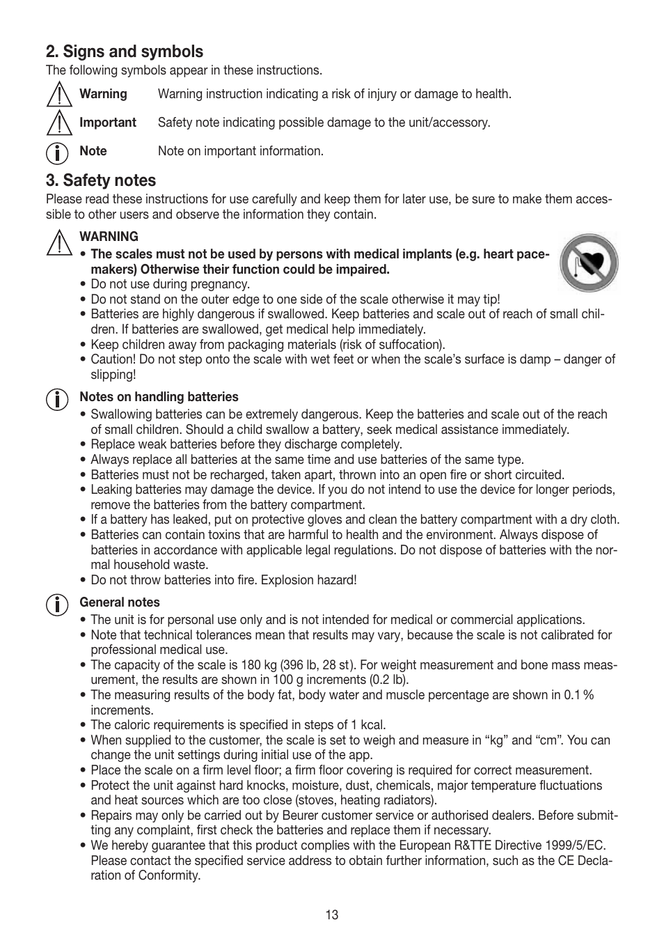 Signs and symbols | Beurer BF 700 User Manual | Page 13 / 80