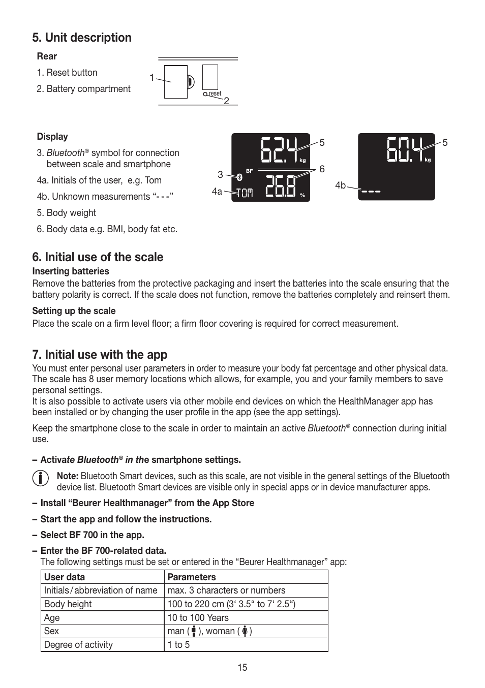 Unit description, Initial use of the scale, Initial use with the app | Beurer BF 700 User Manual | Page 15 / 80