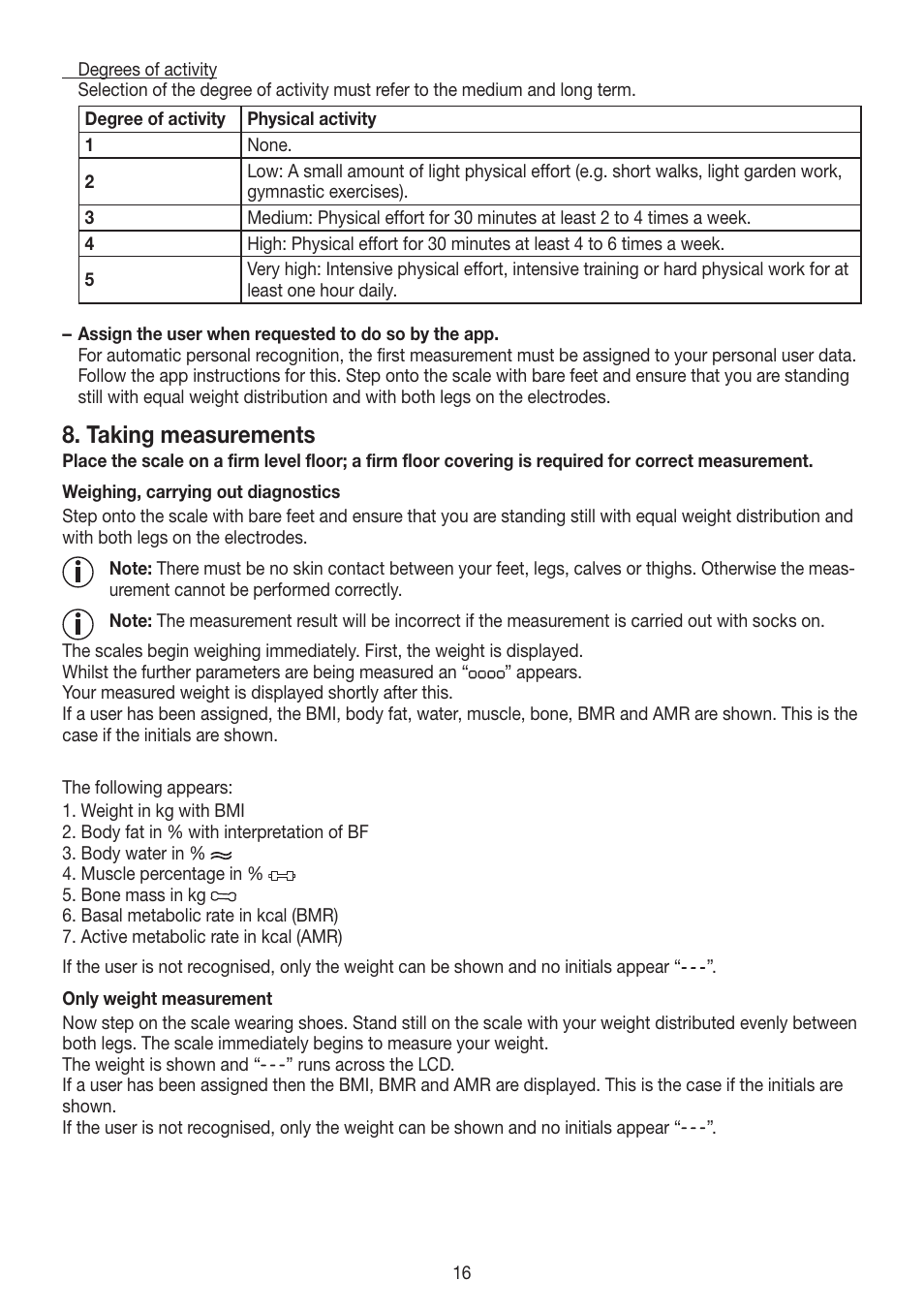 Taking measurements | Beurer BF 700 User Manual | Page 16 / 80