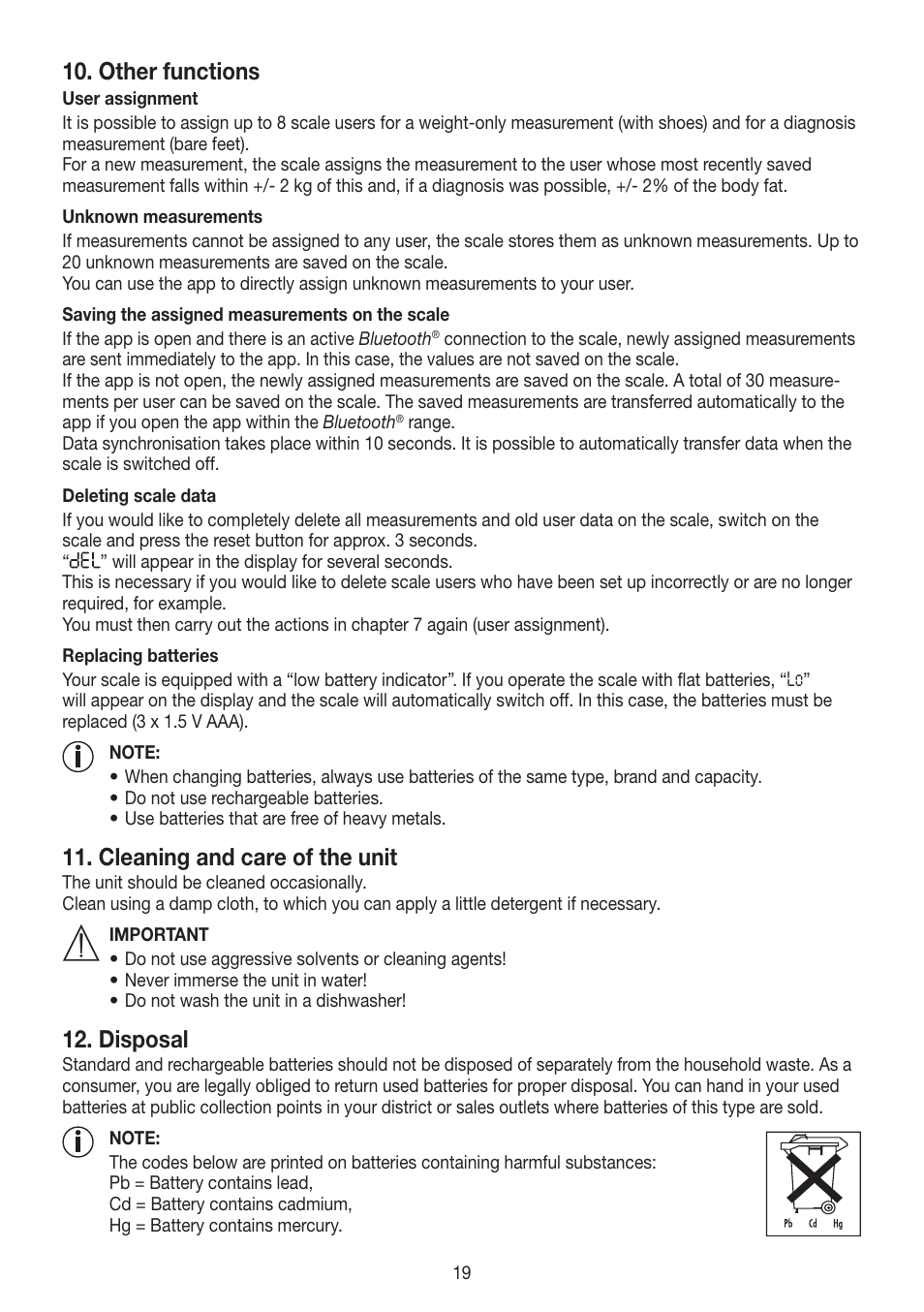 Other functions, Cleaning and care of the unit, Disposal | Beurer BF 700 User Manual | Page 19 / 80