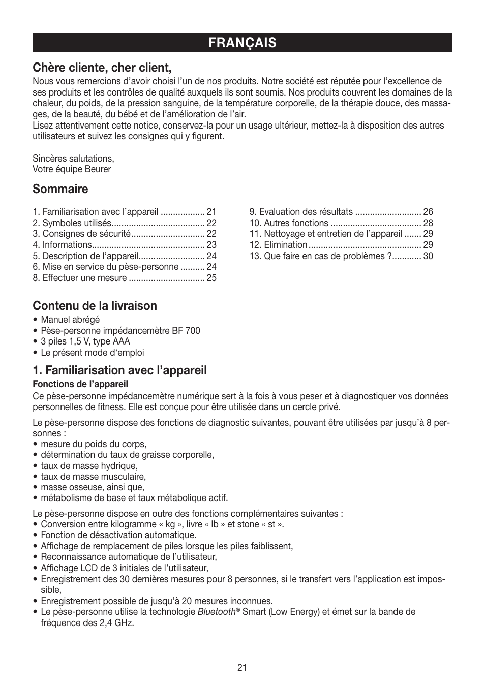 Français, Chère cliente, cher client, Sommaire | Contenu de la livraison, Familiarisation avec l’appareil | Beurer BF 700 User Manual | Page 21 / 80