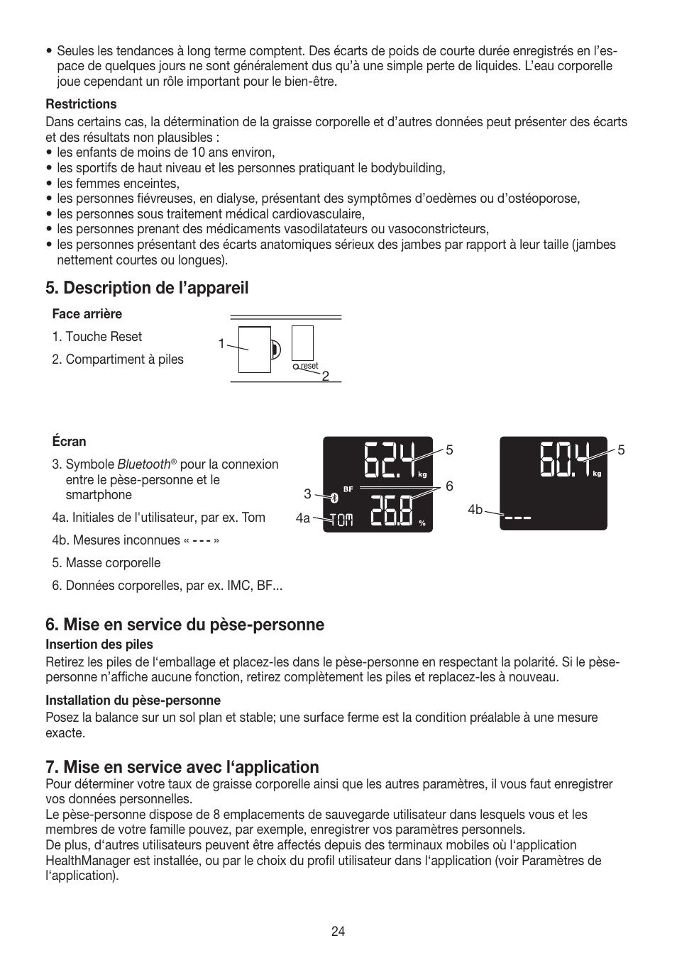 Description de l’appareil, Mise en service du pèse-personne, Mise en service avec l‘application | Beurer BF 700 User Manual | Page 24 / 80