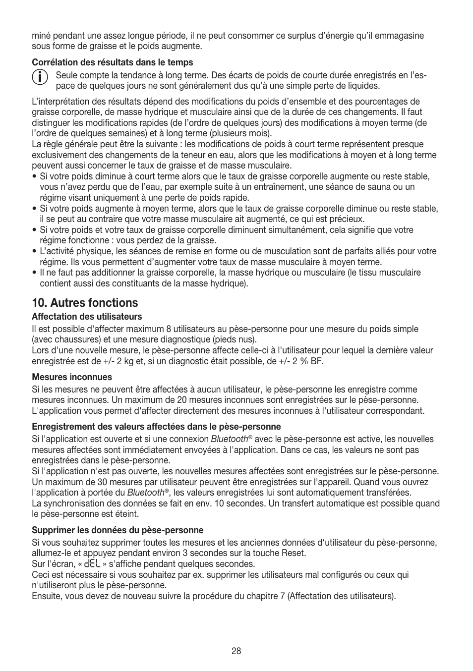 Autres fonctions | Beurer BF 700 User Manual | Page 28 / 80