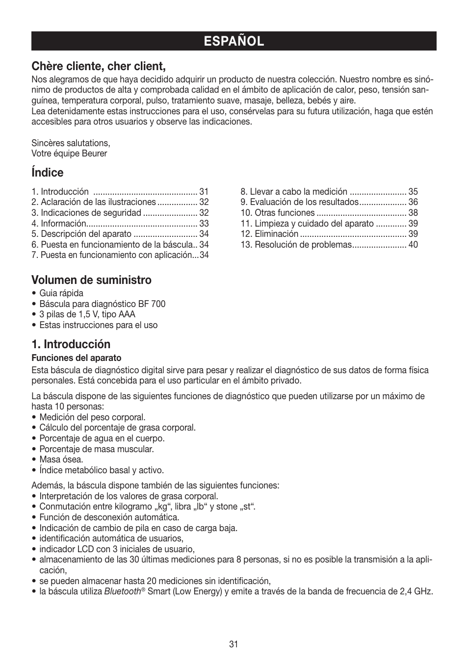 Español, Chère cliente, cher client, Índice | Volumen de suministro, Introducción | Beurer BF 700 User Manual | Page 31 / 80