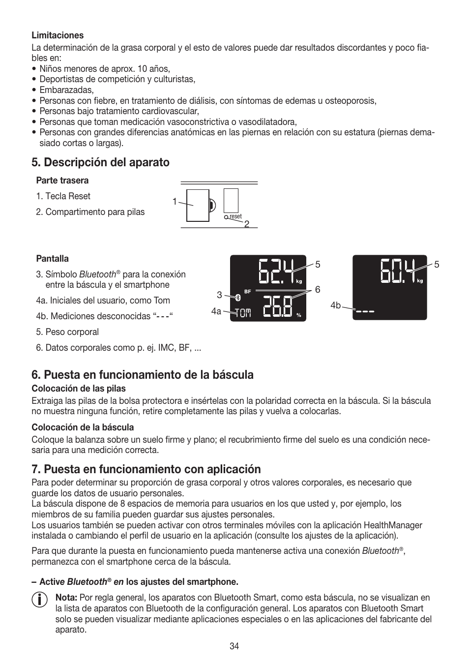 Descripción del aparato, Puesta en funcionamiento de la báscula, Puesta en funcionamiento con aplicación | Beurer BF 700 User Manual | Page 34 / 80