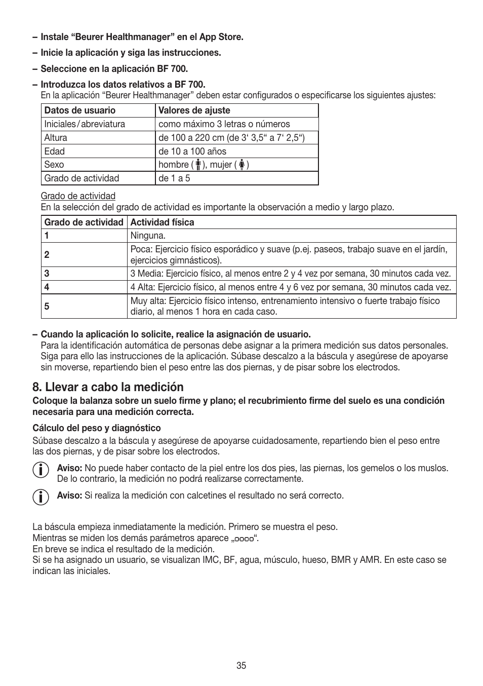Llevar a cabo la medición | Beurer BF 700 User Manual | Page 35 / 80