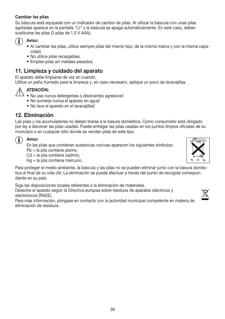 Limpieza y cuidado del aparato, Eliminación | Beurer BF 700 User Manual | Page 39 / 80