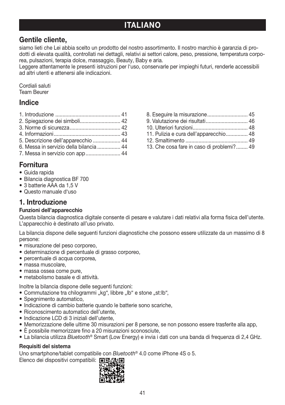 Italiano, Gentile cliente, Indice | Fornitura, Introduzione | Beurer BF 700 User Manual | Page 41 / 80