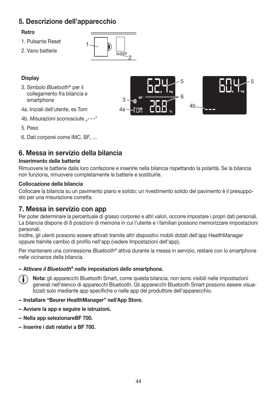 Descrizione dell’apparecchio, Messa in servizio della bilancia, Messa in servizio con app | Beurer BF 700 User Manual | Page 44 / 80