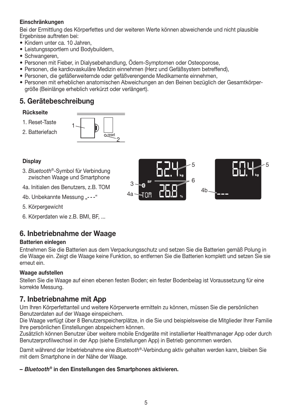 Gerätebeschreibung, Inbetriebnahme der waage, Inbetriebnahme mit app | Beurer BF 700 User Manual | Page 5 / 80