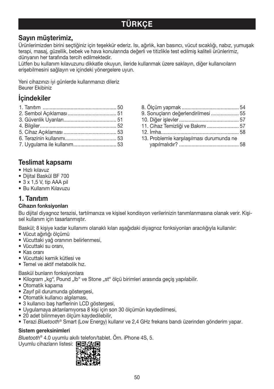 Türkçe, Sayın müşterimiz, Içindekiler | Teslimat kapsamı, Tanıtım | Beurer BF 700 User Manual | Page 50 / 80