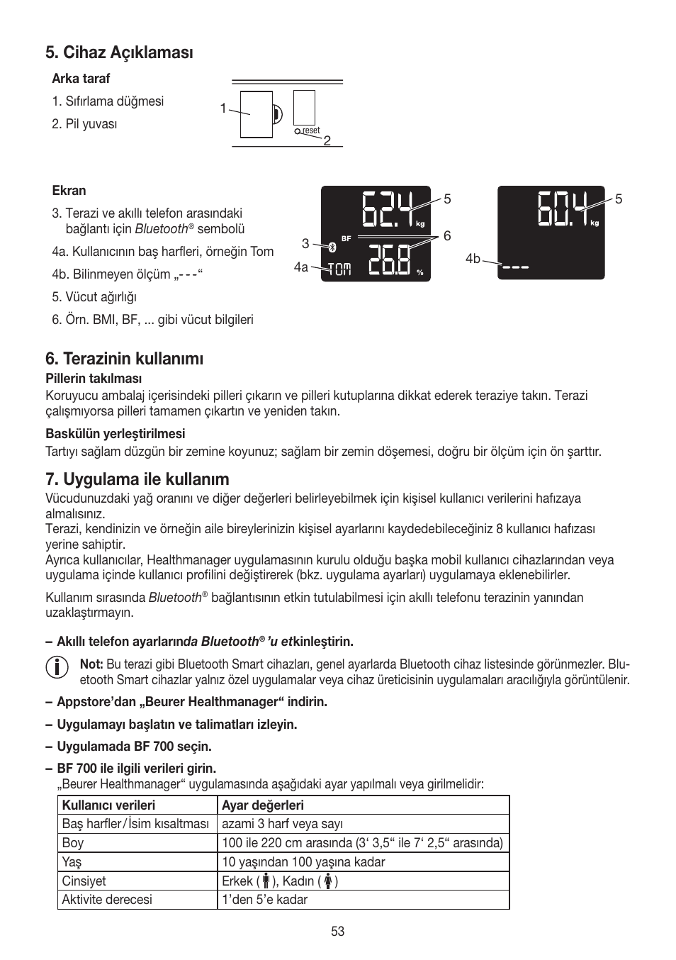 Cihaz açıklaması, Terazinin kullanımı, Uygulama ile kullanım | Beurer BF 700 User Manual | Page 53 / 80