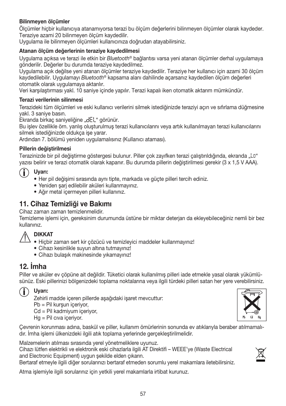 Cihaz temizliği ve bakımı, Imha | Beurer BF 700 User Manual | Page 57 / 80
