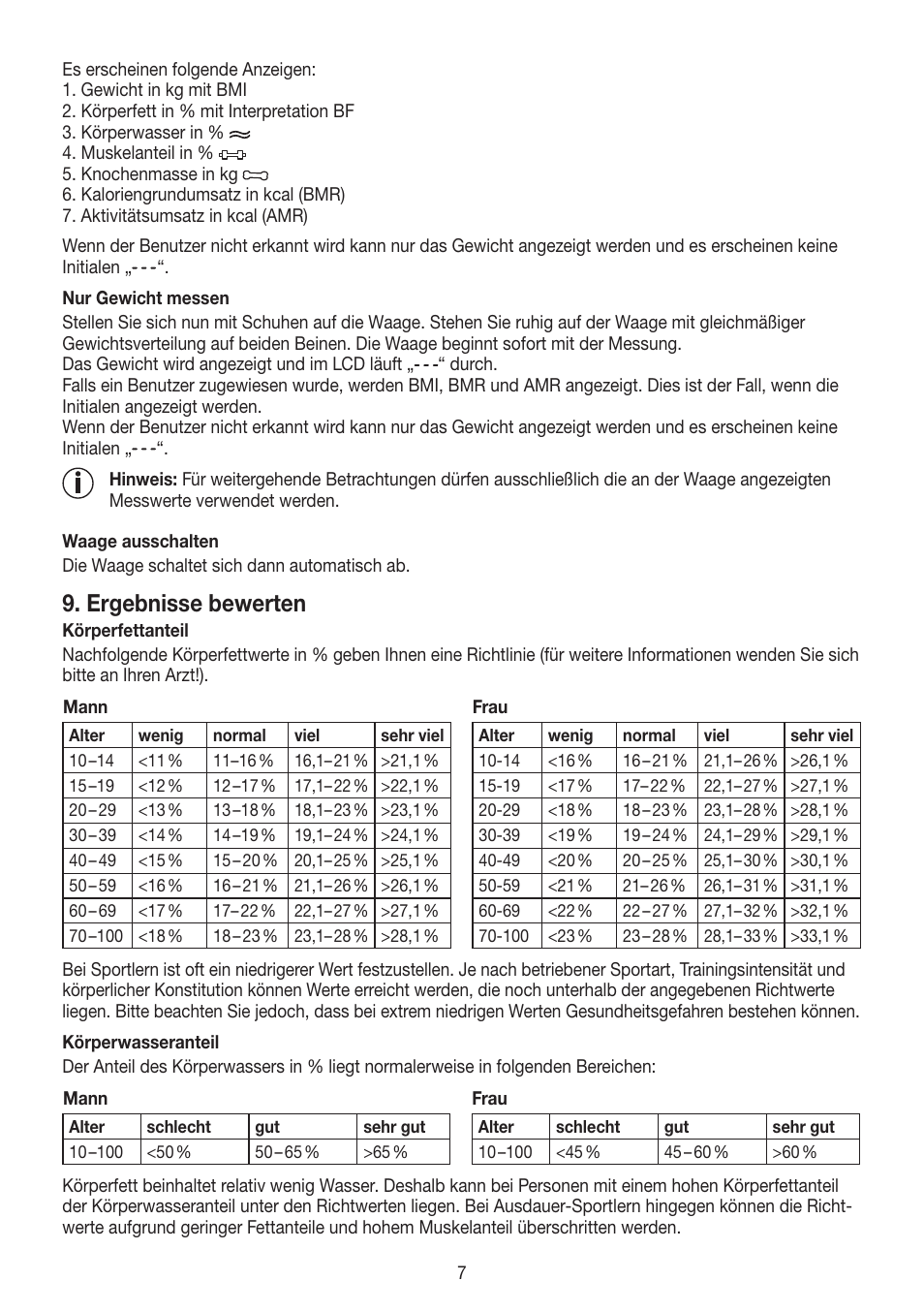 Ergebnisse bewerten | Beurer BF 700 User Manual | Page 7 / 80