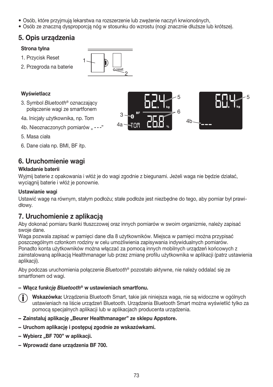 Opis urządzenia, Uruchomienie wagi, Uruchomienie z aplikacją | Beurer BF 700 User Manual | Page 73 / 80